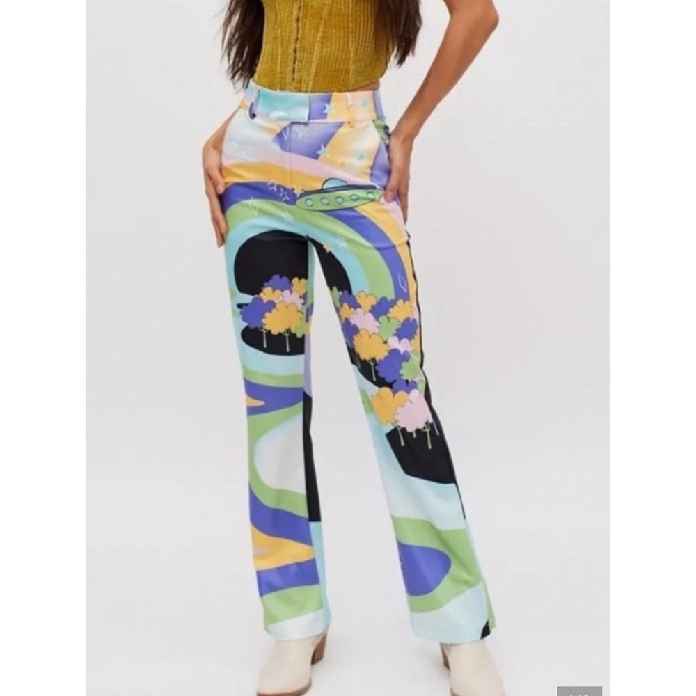 House of Sunny  Psychedelic UFO Rainbow Flare Pants Multicolor 12 US